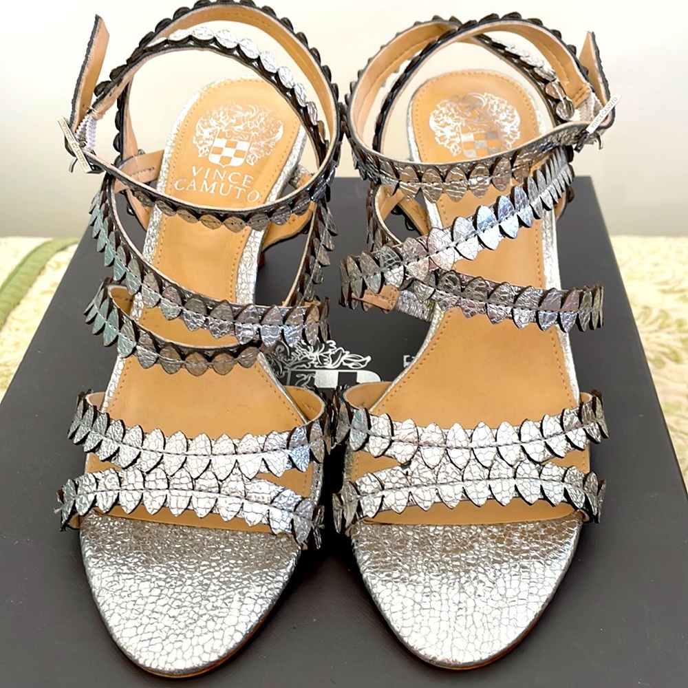 Vince Camuto silver high heel with ankle strap. Size 6.5M. 3” heel.